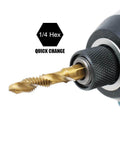 Close-up of AUTOTOOLHOME 6 Pack Titanium Combination Drill Tap Bit Set with 1/4-inch hex quick change feature