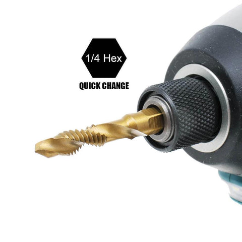Close-up of AUTOTOOLHOME 6 Pack Titanium Combination Drill Tap Bit Set with 1/4-inch hex quick change feature