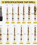 Combination Drill Tap And Tap Bit Set 3 In 1 Titanium Coated High Speed Steel Tapping Bits displayed in 13 SAE and Metric sizes.