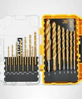 Open case showing Titanium Nitride Coated Drill Bit Set with Pilot Point, 21 pieces from 1/16 to 1/2 inch, by DEWALT