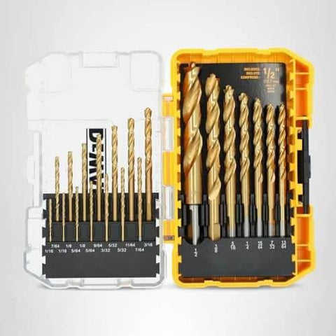 Open case showing Titanium Nitride Coated Drill Bit Set with Pilot Point, 21 pieces from 1/16 to 1/2 inch, by DEWALT