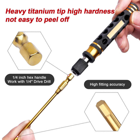 Close-up of FriHobby 1/4" Drivers showing titanium hex driver bit and handle for electric screwdrivers, fitting accuracy details.