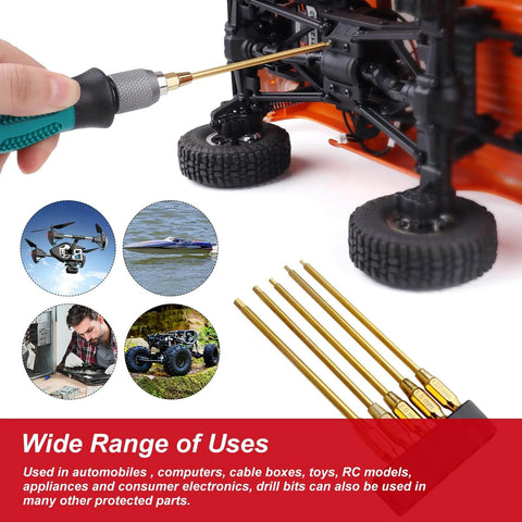 Person using FriHobby 1/4" Drivers Hex Bit Set on RC car, with 1.27mm to 3mm titanium bits visible, ideal for Traxxas Axial repairs