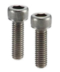 Two SVST-M3-16 NBK Hex Socket Head Cap Vacuum Vented Screws - Ventilation Hole - Titanium M3 length 16mm - Made in Japan, showing detail of thread.
