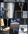 Collage showing Sixteen Piece Titanium Coated HSS Drill Bit Set With Hex Shank For Wood Plastic Aluminum Sixteenth To Quarter Inch in use