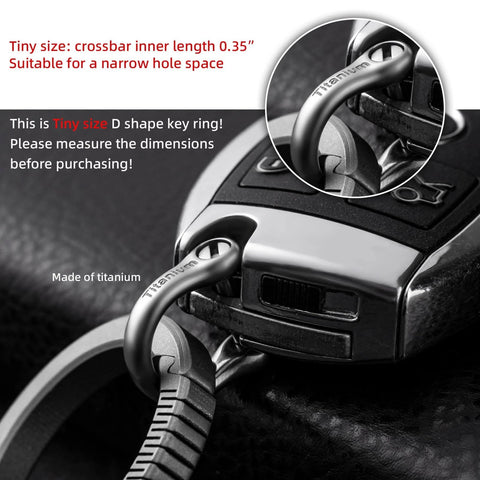 Close-up of FEGVE Small Titanium Key Ring with Screw Shackle attached to car key, showcasing mini titanium D rings in silver, 1/3 Inch/9mm.