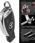 FEGVE Small Titanium Key Ring with Screw Shackle attached to car fob, showing installation steps and anti-slip screws.