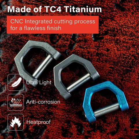 Image showing the MecArmy CH2 Titanium D Shape Heavy Duty Key Ring Key Fob Holder Keychain with Screw Shackle in three colors on a textured surface.