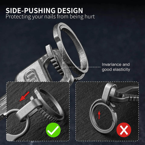 Close-up of FEGVE Titanium D Ring Key Ring with side-pushing design and elasticity labels, focus on screwdriver shackle mechanism.