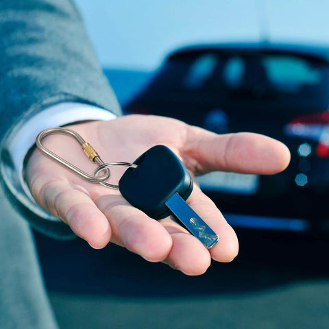 Hand holding Skylety 10 Pieces Mini Titanium Locking Clips with keychain, D-Ring Snap for dog tags, lightweight and sturdy.