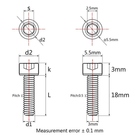Diagram of Wanyifa Titanium Ti M3 x 6 8 10 12 15 18mm DIN912 Hexagon Square Head Bolt Screws with measurements.