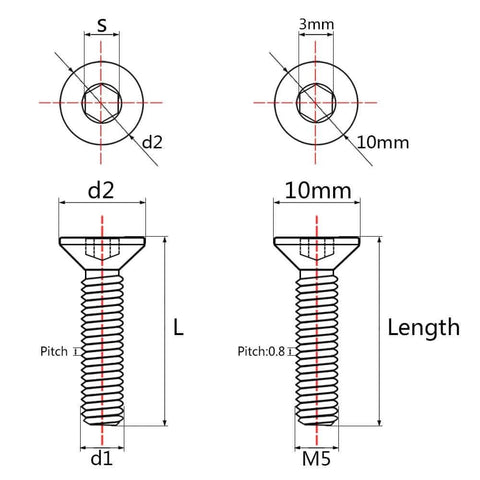 Technical diagram of ✝️ Wanyifa Titanium Ti M5x10 12 15 20 25mm Countersunk Flat Head Hex Socket Cap Screw Bolt Pack of 4 (M5x25mm, Gold).