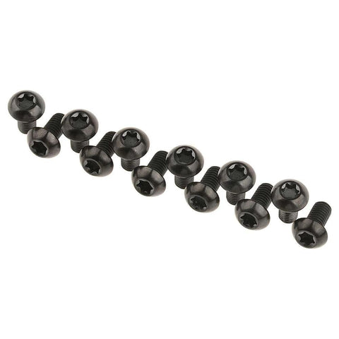 12 Pcs M5x10 Titanium Torx Bolts for Bicycle Disc Brake Rotors made from Grade 5 6AL 4V Titanium Alloy featuring T25 Torx head, black finish.