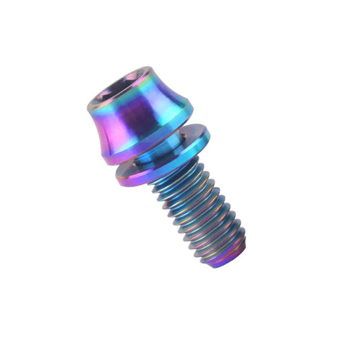 Colorful titanium M5x12mm bolt with washer for bicycle water bottle cage; lightweight Grade 5 6Al4V Ti alloy for mountain and road bikes.