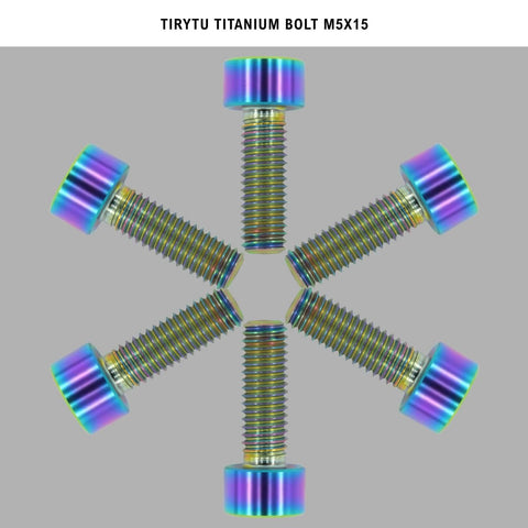 6 pcs titanium M5x15 hex socket bolts for bike motorcycle marine use, rainbow finish, displayed in a star pattern