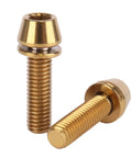 6 pcs titanium M5 x 18mm tapered head hex bolts with washers for bicycle stem, showcasing close-up of bolts and washers in gold tone.