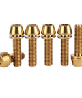 6 pcs titanium M5 x 18mm tapered head hex bolts with washers for bicycle stem, displayed in a row