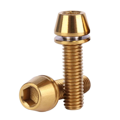 6 pcs titanium M5 x 18mm tapered head hex bolts with washers for bicycle stem, close-up view