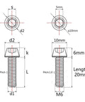 Technical diagram of Wanyifa Titanium Ti M6 x 20mm Allen Hex Screw Socket Cap Tapered Bolt pack of 4, showing measurements and specifications.