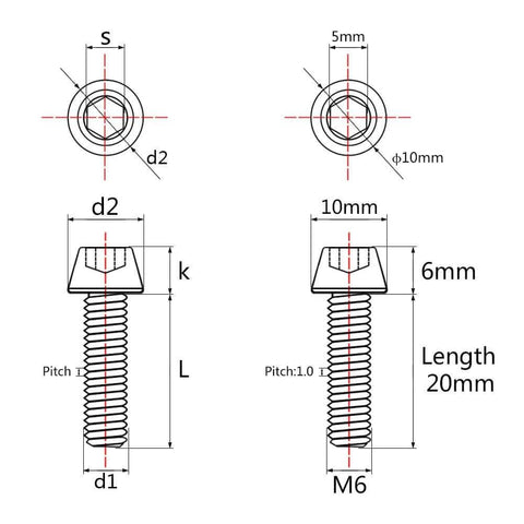 Technical diagram of Wanyifa Titanium Ti M6 x 20mm Allen Hex Screw Socket Cap Tapered Bolt pack of 4, showing measurements and specifications.