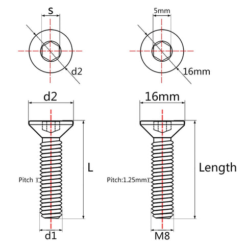 Technical diagram of Wanyifa Titanium M8x15 20 25 30 35 40 45 50 60 65mm Full Thread Countersunk Flat Head Bolt Screw dimensions