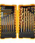 Open tough case showing Titanium Nitride Coated Drill Bit Set With Pilot Point, 21 Pieces, 1/16 To 1/2 Inch, DEWALT branding visible.