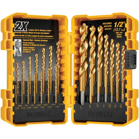 Open tough case showing Titanium Nitride Coated Drill Bit Set With Pilot Point, 21 Pieces, 1/16 To 1/2 Inch, DEWALT branding visible.