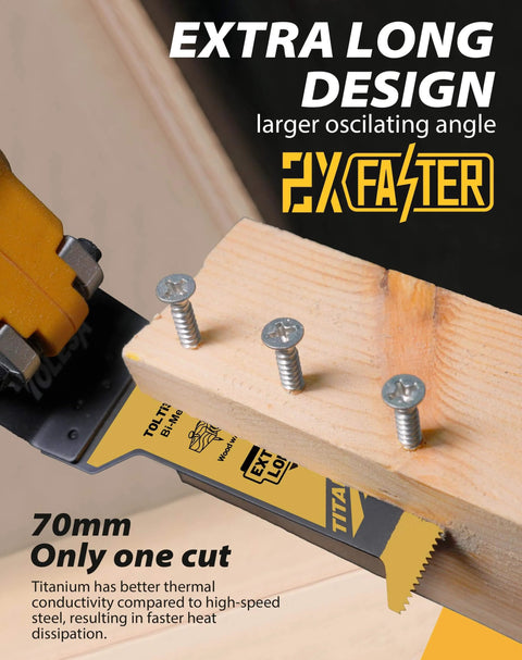 Close-up of a TOLESA 16pcs Extra-Long Titanium Oscillating Saw Blade cutting wood with screws, highlighting its durability and speed.