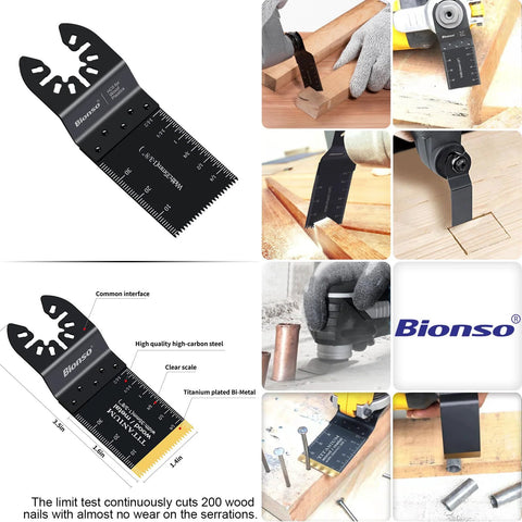 Oscillating Saw Blades 55 Piece Titanium Universal Set For Wood Plastic Metal fitting DeWalt Ryobi shown in use and details.