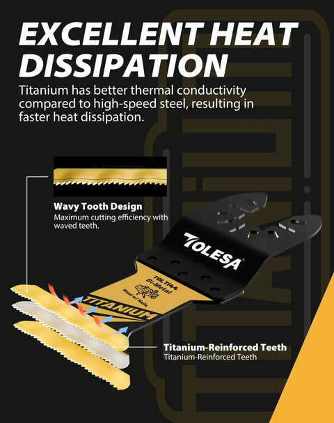 TOLESA 16pcs Extra-Long Titanium Oscillating Saw Blades with wavy tooth design and titanium-reinforced teeth for enhanced cutting efficiency.