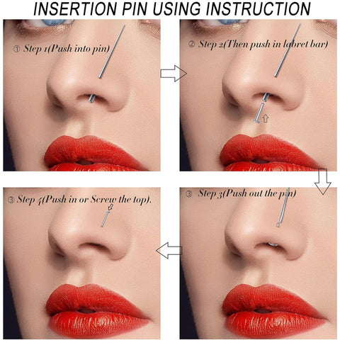 Insertion pin guide for G23 Titanium Threadless Piercing Tapers Kit For Safe Jewelry Changes, showing step-by-step nose piercing.