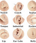 Diagram showing Titanium Threadless Piercing Tapers Kit for safe jewelry changes in various piercings: nostril, conch, septum, tongue, industrial, eyebrow, lip, ear lobe, belly.