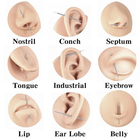 Diagram showing Titanium Threadless Piercing Tapers Kit for safe jewelry changes in various piercings: nostril, conch, septum, tongue, industrial, eyebrow, lip, ear lobe, belly.