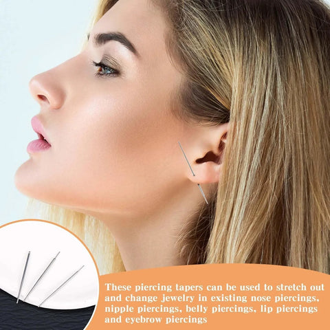 Side view of woman using Titanium Threadless Piercing Tapers Kit For Safe Jewelry Changes with visual of 16G and 18G insertion pins