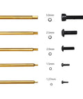 Close-up view of FriHobby 1/4" Drivers 1.27mm to 3mm Titanium RC Hex Driver Bit Set with screws, showcasing size differences.