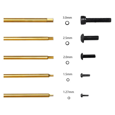 Close-up view of FriHobby 1/4" Drivers 1.27mm to 3mm Titanium RC Hex Driver Bit Set with screws, showcasing size differences.