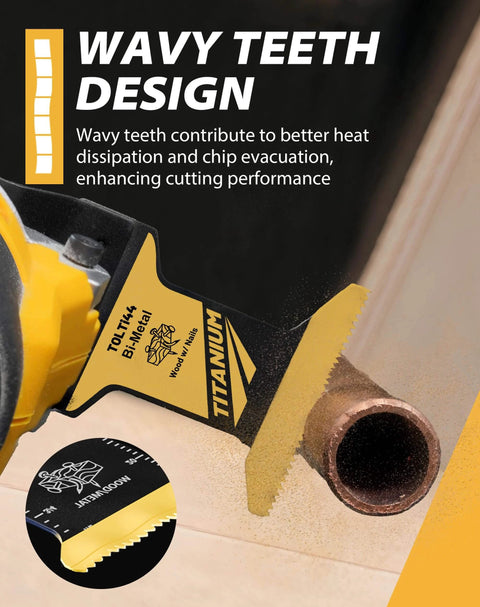 TOLESA 16pcs Extra-Long Titanium Oscillating Saw Blades cutting a pipe, showcasing wavy teeth design for effective chip evacuation.