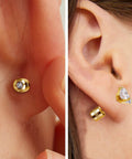 ✝️ Titanium Screw Earring Backs with Clear CZ in use, featuring gold tone hypoallergenic stopper, stainless steel backings replacement.