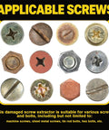 Applicable screws for Titanium Damaged Screw Extractor Set: 22 PCS Easy Out Screw Extractor Kit featuring various screw types.
