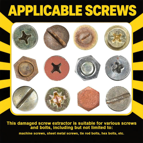 Applicable screws for Titanium Damaged Screw Extractor Set: 22 PCS Easy Out Screw Extractor Kit featuring various screw types.