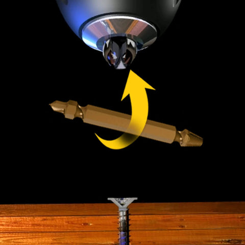 Speed Out Titanium Damaged Screw Extractor Kit, showing drill bit extracting a damaged screw from wood