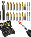 Titanium Damaged Screw Extractor Set: 22 PCS Easy Out Screw Extractor Kit displayed with case, magnetic extension bit holder, and socket adapter.
