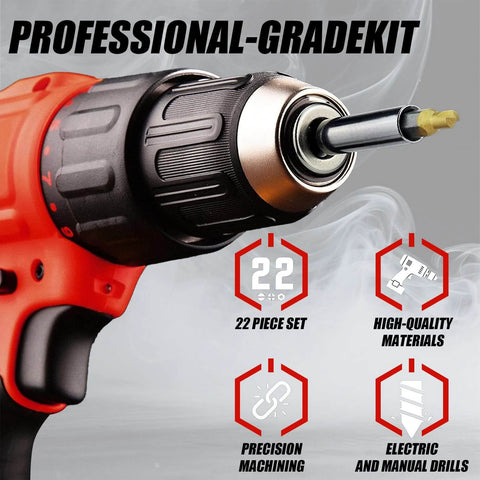 Close-up of drill with Titanium Damaged Screw Extractor Set: 22 PCS Easy Out Screw Extractor Kit with Magnetic Extension Bit Holder & Socket Adapter for Stripped Screws/Bolts/Nuts, Father’s Day Gift.