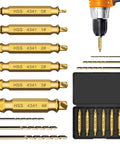 Damaged Screw Extractor Set, 9 PCS Titanium Drill Bit Bolt Extractor Kit shown with open case and drill in use