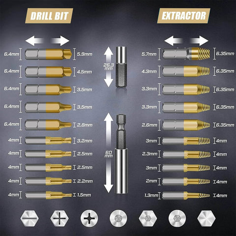 Diagram showing components of the Titanium Damaged Screw Extractor Set: 22 PCS Easy Out Screw Extractor Kit with Drill Bit sizes.