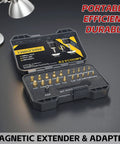 ✝️ Titanium Damaged Screw Extractor Set: 22 PCS Easy Out Screw Extractor Kit with Magnetic Extension Bit Holder in black case on table