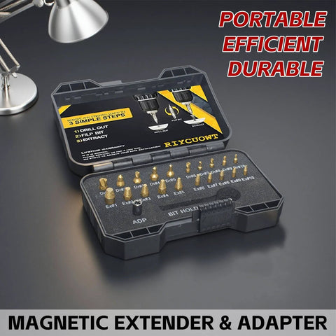 ✝️ Titanium Damaged Screw Extractor Set: 22 PCS Easy Out Screw Extractor Kit with Magnetic Extension Bit Holder in black case on table