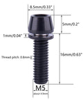 Diagram of ✝️ UHDFBDHF 6PCS Titanium Screw Internal Hex M5x16mm Tapered Head Bolt with dimensions and black finish, shown uninstalled