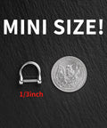 FEGVE Small Titanium Key Ring with Screw Shackle - Car Fob Keychain Heavy Duty Strong Mini Titanium D Rings -1/3 Inch/9mm (Silver 4 Pack) next to coin for size comparison