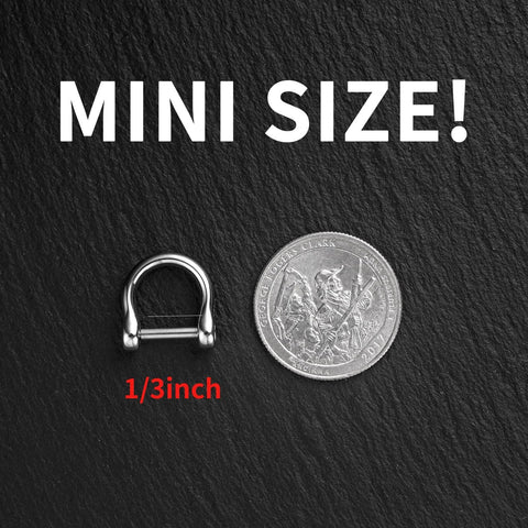 FEGVE Small Titanium Key Ring with Screw Shackle - Car Fob Keychain Heavy Duty Strong Mini Titanium D Rings -1/3 Inch/9mm (Silver 4 Pack) next to coin for size comparison